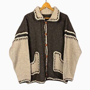 Vintage Mexican Wool Jacket XL - Handwoven Two Tone Gray Button Up Sweater Coat